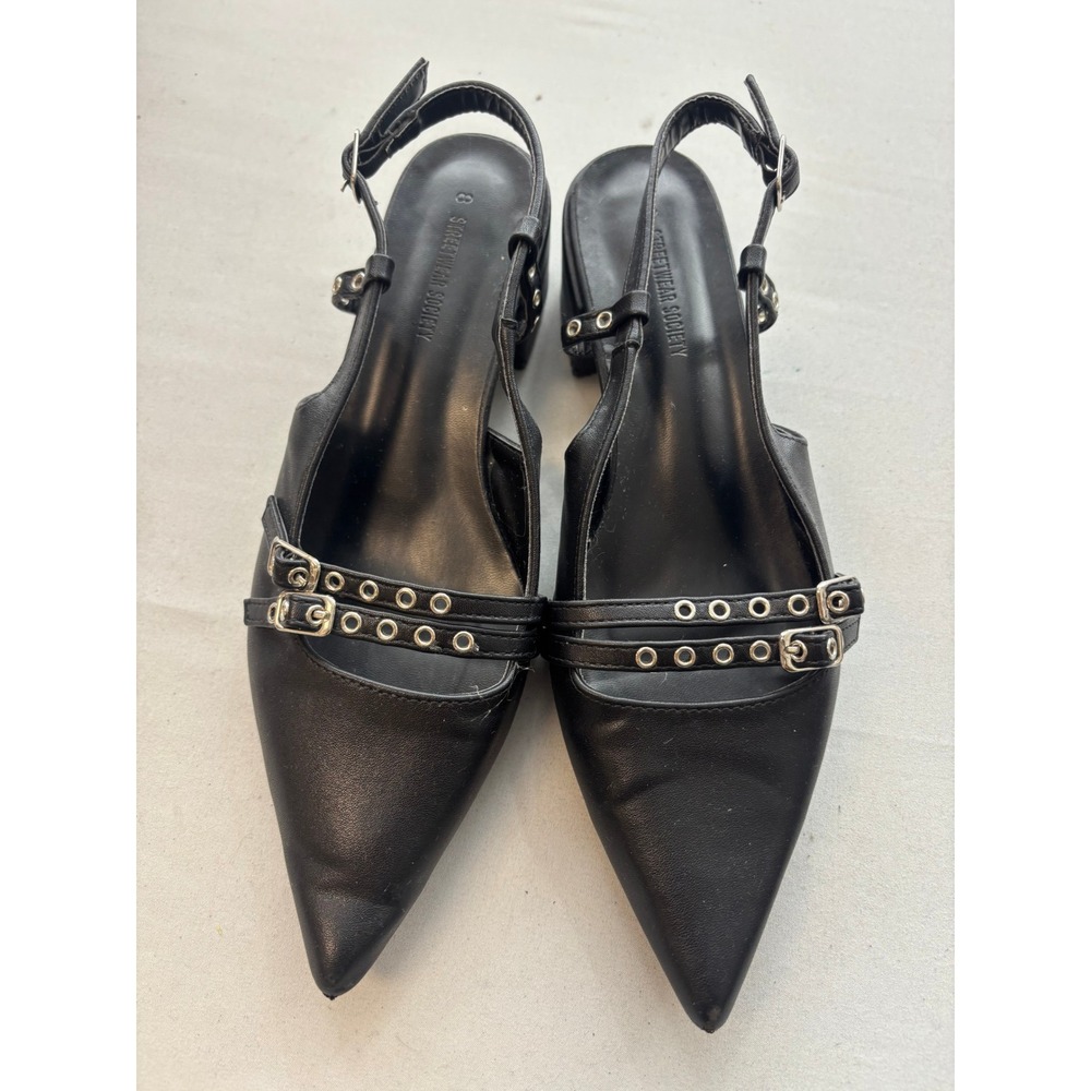 Streetwear Society Black Pointed Toe Slingback Block Heel Grommet Buckle Pumps 8